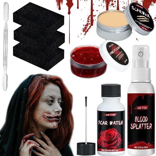 Halloween Kunstblut Set, Halloween Schminke Set, Halloween Kunstblut Sprühen + Fake Wunden Wasser + Verkrustetes Kunstblut, Halloween Make up Set für Halloween Zombie Vampir Wunden Narben Schminke von HBSFBH