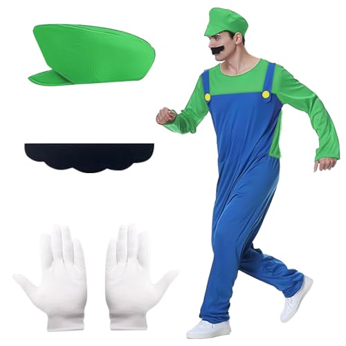 Mario Kostüm Luigi Kostüm Set, Mario Cosplay Kostüm, 4 Pcs Mario und Luigi Kostüm Erwachsene Herren Kinder mit Hut Handschuhe Bart, Super Bros Kostüm, Erwachsene Kostüm für Weihnachten Karneval von HBSFBH