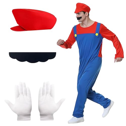 Mario Kostüm Luigi Kostüm Set, Mario Cosplay Kostüm, 4 Pcs Mario und Luigi Kostüm Erwachsene Herren Kinder mit Hut Handschuhe Bart, Super Bros Kostüm, Erwachsene Kostüm für Weihnachten Karneval von HBSFBH