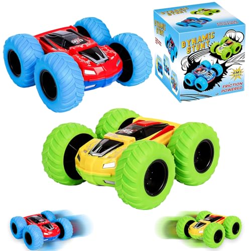 2 Stück Monster Truck, Reibung Zurückziehen Auto, Monster Truck Spielzeugauto, 360°Drehung Trägheit Fahrzeug, Rotation Inertia Vehicle, Springende Stunt Auto, Geburtstag Geschenke für Kinder von HBSFBH