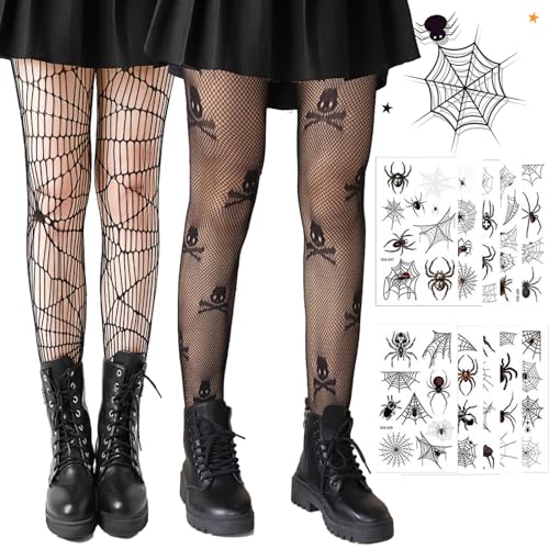 Netzstrumpfhose Schwarz Halloween, 2 Paar Spinnennetz Strumpfhose mit 10 Blätter Temporäre Schwarz Spinnen Tattoos, Halloween Karneval Spinnen Tattoo, Strumpfhose Spinnennetz, für Festspiele Cosplay von HBSFBH