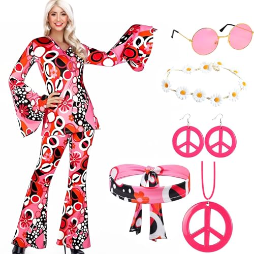 70er Jahre Hippie Kostüm Damen, Rosa Hippie Kleidung, Disco Outfit, Hippie Oberteil, Boho Schlaghose, Stirnband, Halskette, Ohrringe, Sonnenbrille, Hippie Bekleidung, Faschingskostüme für Frauen (S) von HBWHNIU