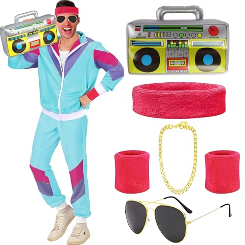 90er 80er Jahre Outfit Herren, 80er Jahre Trainingsanzug Erwachsene,Jacke Hose Anzug und Accessoire, Jogginganzug, Retro Anzug Herren Damen, Bad Taste Kostüm für Karneval Fasching Mottoparty (L) von HBWHNIU