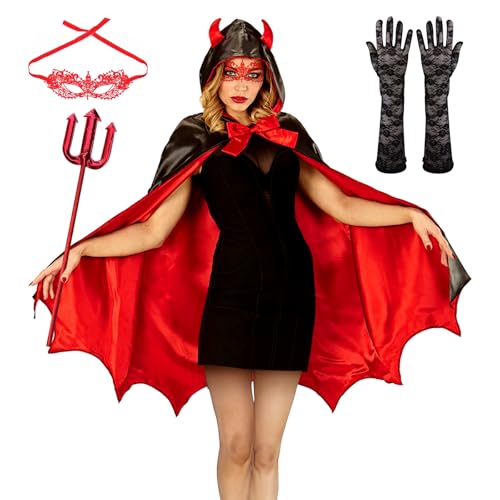 HBWHNIU 4 Stück Vampir Umhang, Teufel Kostüm Damen, Kapuzenumhang Schwarz Rot Doppelseitig, mit Teufelsgabel, Spitzenaugenklappe, Spitzenhandschuhen, Für Halloween Karneval Kostüm von HBWHNIU