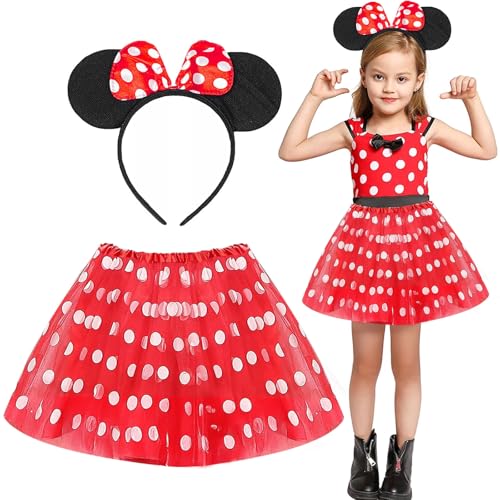 HBWHNIU Mädchen Maus Mouse Kostüm, 2 Stück Maus Kostüm Kinder, Schwarz Maus Ohren Haarreif mit Rote Schleife, Rote Tutu mit Weiß Gepunktet, Kostüm für Fasching Karneval Motto Cosplay Party (2) von HBWHNIU