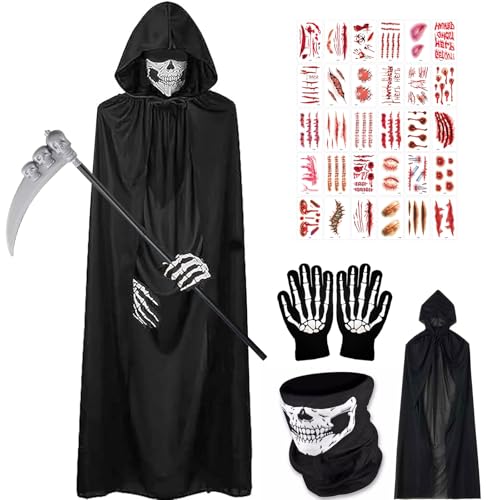 HBWHNIU Sensenmann Kostüm, Halloween Sensemann Umhang Set mit Schädelmaske, Sense, Handschuhe und 30 Aufkleber, Halloween Kostüm Sensenmann, für Halloween Party Dekoration Cosplay, Karneval von HBWHNIU