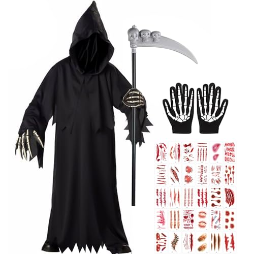 HBWHNIU Sensenmann Kostüm für Erwachsene, Grim Reaper Costume für Halloween, mit Maske, Handschuhen, Sense, 30 Aufkleber, Halloween Kostüm Sensenmann, für Karneval Halloween Cosplay von HBWHNIU