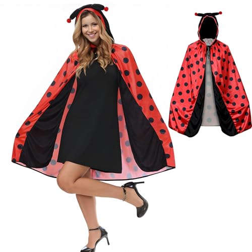 Marienkäfer Kostüm Umhang, Damen Marienkäfer Kostüm, Marienkäfer Cape mit Kapuze für Erwachsenen, Faschingskostüme Damen, Karneva Marienkäfer Kostüm, für Karneval, Cosplay, Fasching, Mottoparty von HBWHNIU