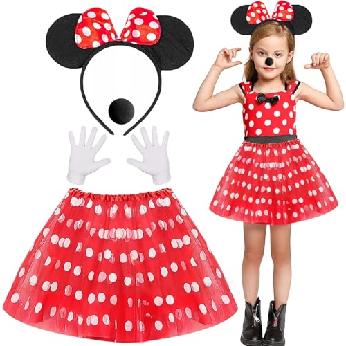 Mädchen Maus Mouse Kostüm, 4 Stück Maus Kostüm Kinder, Schwarz Maus Ohren Haarreif mit Rote Schleife, Rote Tutu mit Weiß Gepunktet, Handschuhe, Nase, Kostüm für Fasching Karneval Cosplay Party (4) von HBWHNIU