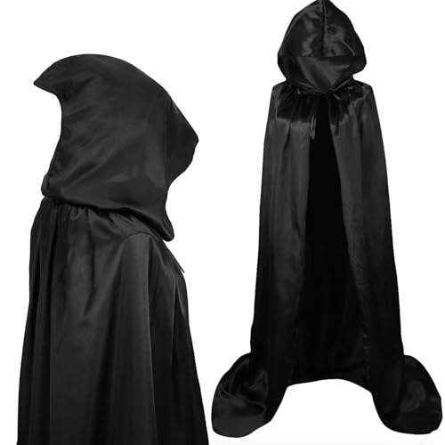 Schwarzer Umhang Mit Kapuze, Unisex Halloween Umhang, Cape Kostüm Vampir Umhang, Satin Cape Umhang, Lange Kapuzenumhang für Cosplay Halloween Kostüm (L) von HBWHNIU