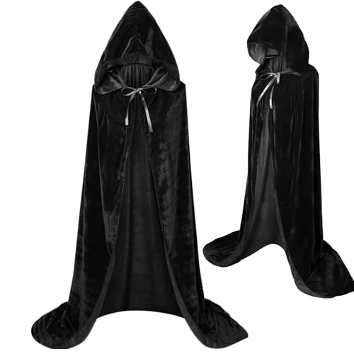 Schwarzer Umhang Mit Kapuze, Unisex Halloween Umhang, Cape Kostüm Vampir Umhang, Satin Cape Umhang, Lange Kapuzenumhang für Cosplay Halloween Kostüm (M) von HBWHNIU