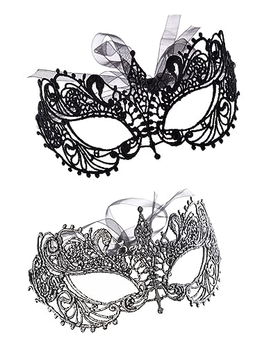 HBWL01 2 Stück Damen-Maske, Spitzen-Augenmaske für Ball, Abschlussball, Halloween, Karneval und venezianische Maskerade-Party (schwarz + silber) von HBWL01