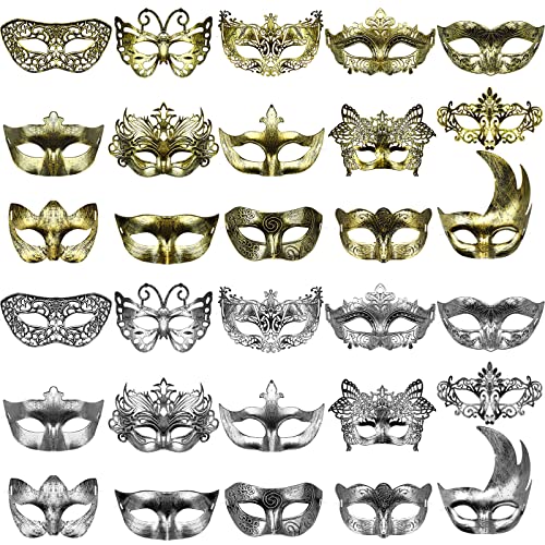 HBWL01 30 Stück Maskerade-Masken, antike Masken mit Riemen, für Damen, Karneval, Halloween, venezianische Ballparty (Gold und Silber) von HBWL01