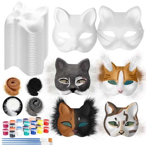 HBWL01 36-teiliges Masken-Set, Katzenmaske mit Fell-Katzenmaske für DIY, Tiermaske, blanko Maske für Halloween (Katze) von HBWL01