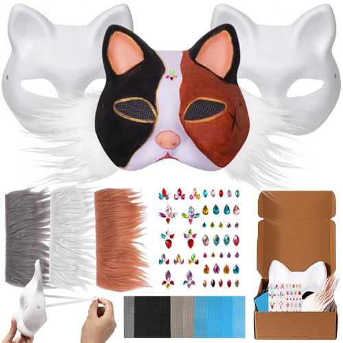 HBWL01 Katzen-Fuchsmaske mit Fell-Augenmaschen und Edelstein-Aufklebern, verkleiden Sie sich Masken zum Bemalen, Tiermaske, Kunsthandwerksset, Kostümmasken für Halloween, Maskerade, Cosplay, Party, von HBWL01