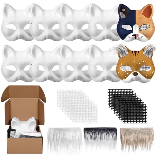 HBWL01 Katzenmaske, Fuchsmaske mit Fell und Augennetz, zum Selbermachen, blanko, weißes Papier, Katzen-Gesichtsmaske zum Bemalen, Katze, pelzige Maske für Halloween, Maskerade, Cosplay, Party, 10 von HBWL01