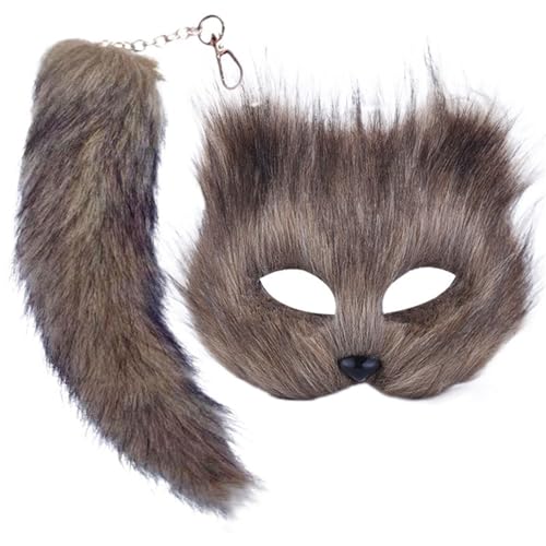 HBWL01 Maske aus Kunstfell, Fuchsmaske, Maske und Schwanz für Mädchen, pelzige Katze, Fuchs, Wolf, Maske für Damen, Halloween-Kostüm (grau) von HBWL01