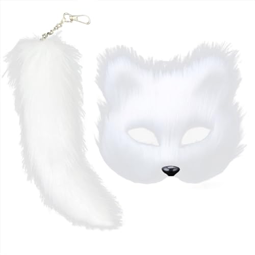 HBWL01 Maske aus Kunstfell, Fuchsmaske, Maske und Schwanz für Mädchen, pelzige Katze, Fuchs, Wolf, Maske für Damen, Halloween-Kostüm (weiß) von HBWL01