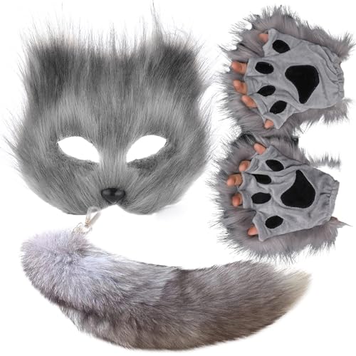 HBWL01 Maske und Schwanz-Set für Mädchen, Halloween-Katzenmaske, Schwanz, Cosplay, Fuchsmaske, Wolfsschwanz, über 1 Jahr alt (graue Maske, 3er-Set) von HBWL01