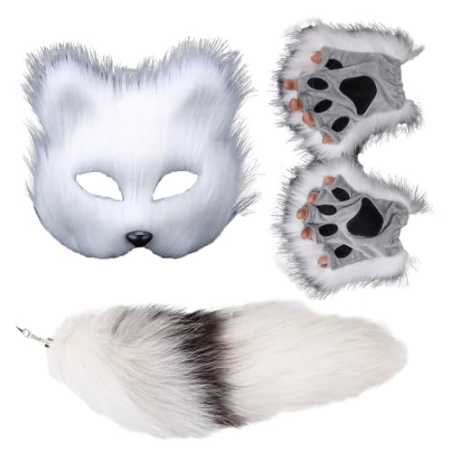 HBWL01 Maske und Schwanz-Set für Mädchen, Halloween-Katzenmaske, Schwanz, Cosplay, Fuchsmaske, Wolfsschwanz, über 1 Jahr alt (weiße Maske, 3er-Set) von HBWL01