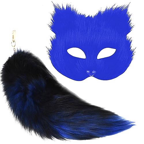 HBWL01 Maske und Schwanz für Mädchen, pelzige Katze, Fuchs, Wolf, Maske für Damen, Halloween-Kostüm (blaue Maske, blauer Schwanz) von HBWL01