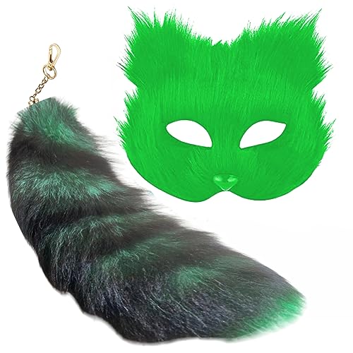 HBWL01 Maske und Schwanz für Mädchen, pelzige Katze, Fuchs, Wolf, Maske für Damen, Halloween-Kostüm (grüne Maske, grüner Schwanz) von HBWL01