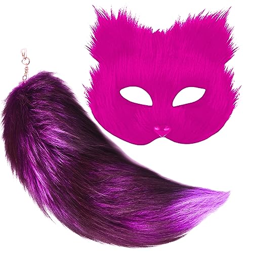 HBWL01 Maske und Schwanz für Mädchen, pelzige Katze, Fuchs, Wolf, Maske für Damen, Halloween-Kostüm (rosarote Maske, rosaroter Schwanz) von HBWL01