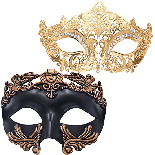 HBWL01 Maskerade-Maske für Paare, goldfarben, venezianisches Metall, Strass, filigrane Damenmaske & römisch-griechische venezianische Herrenmaske für Cosplay, Halloween, Party, Karneval, Maskaradeball von HBWL01