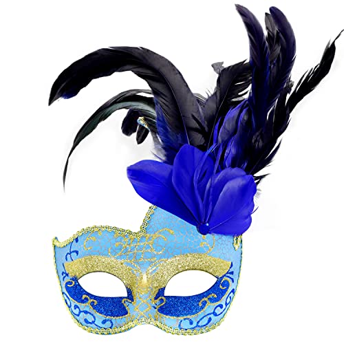 HBWL01 Maskerade Maske im venezianischen Stil, Kristall, Strass, Feder, Prinzessinnen-Kostüm (blau) von HBWL01