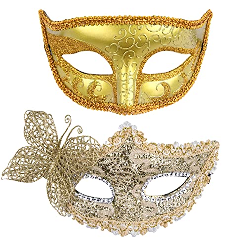 HBWL01 Paar-Maske, venezianische Party-Maske, Spitze, Kunststoff, Halloween-Kostümmaske, Strass, Karnevalsmaske für Paare, Damen und Herren, Schmetterling, Goldfarben von HBWL01