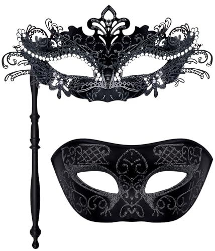 HBWL01 Venezianische Maske für Paare, mit Stab, Metall, venezianische Maske auf einem Stab, Halloween-Kostüm, Maskerade, Party-Maske für Paare, Damen und Herren, Phoenix-Schwanz, Schwarz (Phoenix Tail von HBWL01