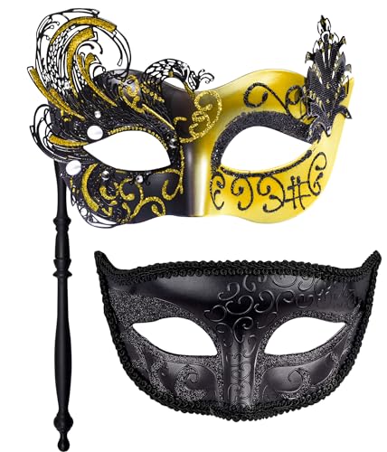 HBWL01 Venezianische Maske für Paare, mit Stab, Metall, venezianische Maske auf einem Stab, Halloween-Kostüm, Maskerade, Party-Maske für Paare, Damen und Herren, Phoenixschwanz, Schwarz (Schwan von HBWL01