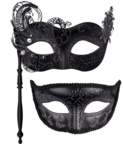 HBWL01 Venezianische Maske für Paare, mit Stab, Metall, venezianische Maske auf einem Stab, Halloween-Kostüm, Maskerade, Party-Maske für Paare, Damen und Herren, Phoenixschwanz, Schwarz (Schwan von HBWL01