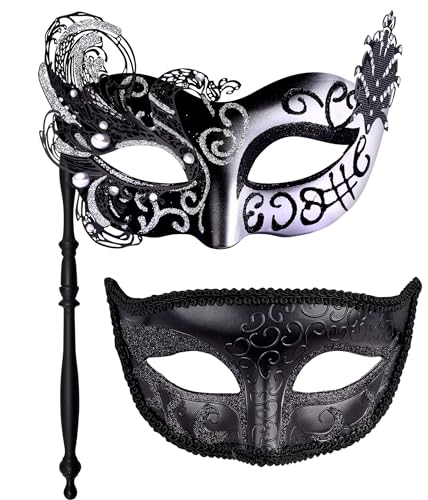 HBWL01 Venezianische Maske für Paare, mit Stab, Metall, venezianische Maske auf einem Stab, Halloween-Kostüm, Maskerade, Party-Maske für Paare, Damen und Herren, Phoenixschwanz, Schwarz (Schwan von HBWL01