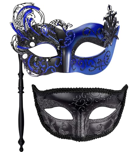 HBWL01 Venezianische Maske für Paare, mit Stab, Metall, venezianische Maske auf einem Stab, Halloween-Kostüm, Maskerade, Party-Maske für Paare, Damen und Herren, Phoenixschwanz, Schwarz (Schwan von HBWL01