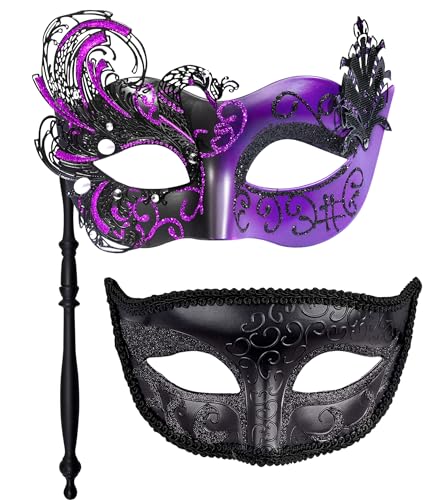 HBWL01 Venezianische Maske für Paare, mit Stab, Metall, venezianische Maske auf einem Stab, Halloween-Kostüm, Maskerade, Party-Maske für Paare, Damen und Herren, Phoenixschwanz, Schwarz (Schwan von HBWL01