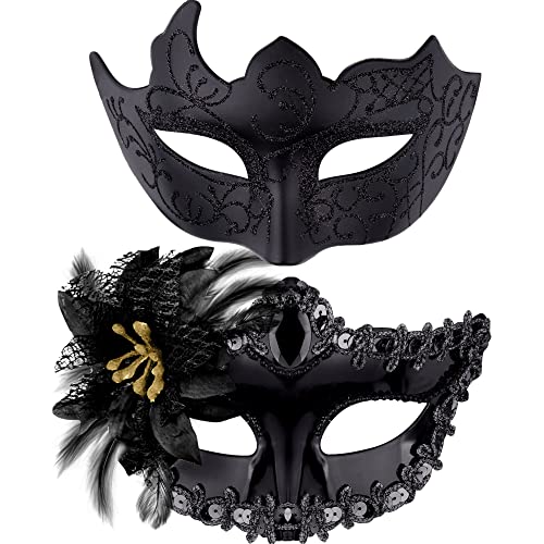 HBWL01 Venezianische Partymaske für Paare, Spitze, Kunststoff, Halloween, Kostüm, Maske, Strass, Karneval, Maske für Paare, Damen und Herren, Blume, Schwarz von HBWL01