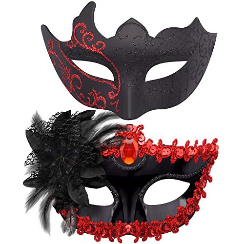 HBWL01 Venezianische Partymaske für Paare, Spitze, Kunststoff, Halloween-Kostüm, Maske, Strass, Karneval, Maske für Paare, Damen und Herren, Schwarz + Rot von HBWL01