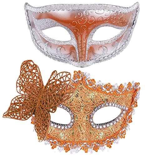 HBWL01 Venezianische Partymaske für Paare, Spitze, Kunststoff, Halloween-Kostüm, Maske, Strass, Karnevalsmaske für Paare, Damen und Herren, Orange von HBWL01