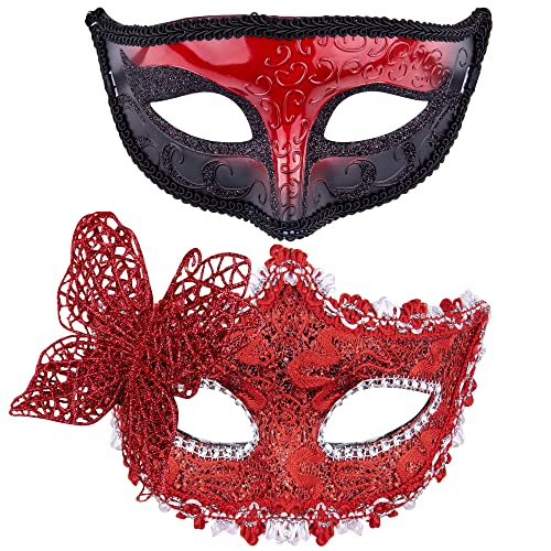 HBWL01 Venezianische Partymaske für Paare, Spitze, Kunststoff, Halloween-Kostüm, Maske, Strass, Karnevalsmaske für Paare, Damen und Herren, Rot von HBWL01