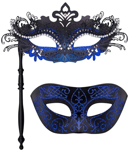 Venezianische Maske für Paare, mit Stab, Metall, venezianische Maske auf einem Stab, Halloween-Kostüm, Maskerade, Party-Maske für Paare, Damen und Herren, Phoenix-Schwanz, Schwarz (Phoenixschwanz, von HBWL01