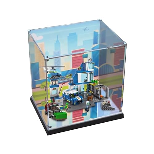 HCAEIOFJ Transparente Acryl-Vitrine für LEGO City 60316, anwendbar für Stadtpolizeistation mit Lieferwagen, Müllwagen und Hubschrauber, Spielzeug-Vitrine, Geschenk (nur Vitrine) (schwarzer Boden + von HCAEIOFJ