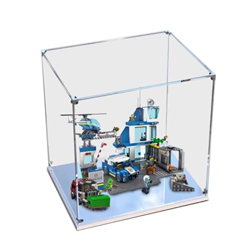 HCAEIOFJ Transparente Acryl-Vitrine für LEGO City 60316, anwendbar für Stadtpolizeistation mit Lieferwagen, Müllwagen und Hubschrauber, Spielzeug-Vitrine, Geschenk (nur Vitrine) (weiße Unterseite) von HCAEIOFJ