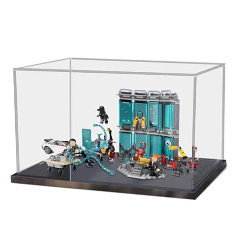 HCAEIOFJ Transparente Acryl-Vitrine für LEGO Mavel 76216, anwendbar für Iro Man Armory Toy Display Box Geschenk (nur Vitrine) (schwarze Unterseite) von HCAEIOFJ