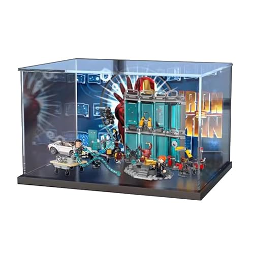 HCAEIOFJ Transparente Acryl-Vitrine für LEGO Mavel 76216, anwendbar für Iro Man Armory Toy Display Box Geschenk (nur Vitrine) (schwarze Unterseite + Hintergrund) von HCAEIOFJ