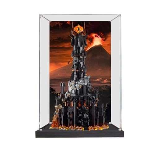 HCAEIOFJ Transparente Acryl-Vitrine für Lego 10333, anwendbar für den Herr der Ringe: Barad-dur entworfene Displaybox, Geschenk (nur Vitrine) (schwarze Unterseite + Hintergrund2) von HCAEIOFJ