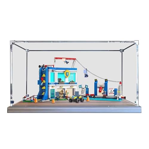 HCAEIOFJ Transparente Acryl-Vitrine für Lego 60372, anwendbar für Stadtpolizei-Trainingsakademie, Schaukasten, Geschenk (nur Vitrine) (Nussbaumboden) von HCAEIOFJ