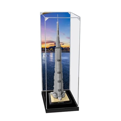 HCAEIOFJ Transparente Acryl-Vitrine für Lego Architecture 21031, anwendbar für Burj Khalifa entworfene Displaybox, Geschenk (nur Vitrine) (schwarze Unterseite + Hintergrund 1) von HCAEIOFJ