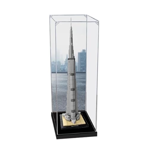 HCAEIOFJ Transparente Acryl-Vitrine für Lego Architecture 21031, anwendbar für Burj Khalifa entworfene Displaybox, Geschenk (nur Vitrine) (schwarze Unterseite + Hintergrund 2) von HCAEIOFJ