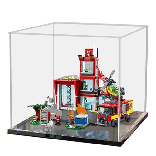 HCAEIOFJ Transparente Acryl-Vitrine für Lego City 60320, anwendbar für Feuerwehrstation, Spielzeug-Schaukasten, Geschenk (nur Vitrine) (schwarze Unterseite) von HCAEIOFJ